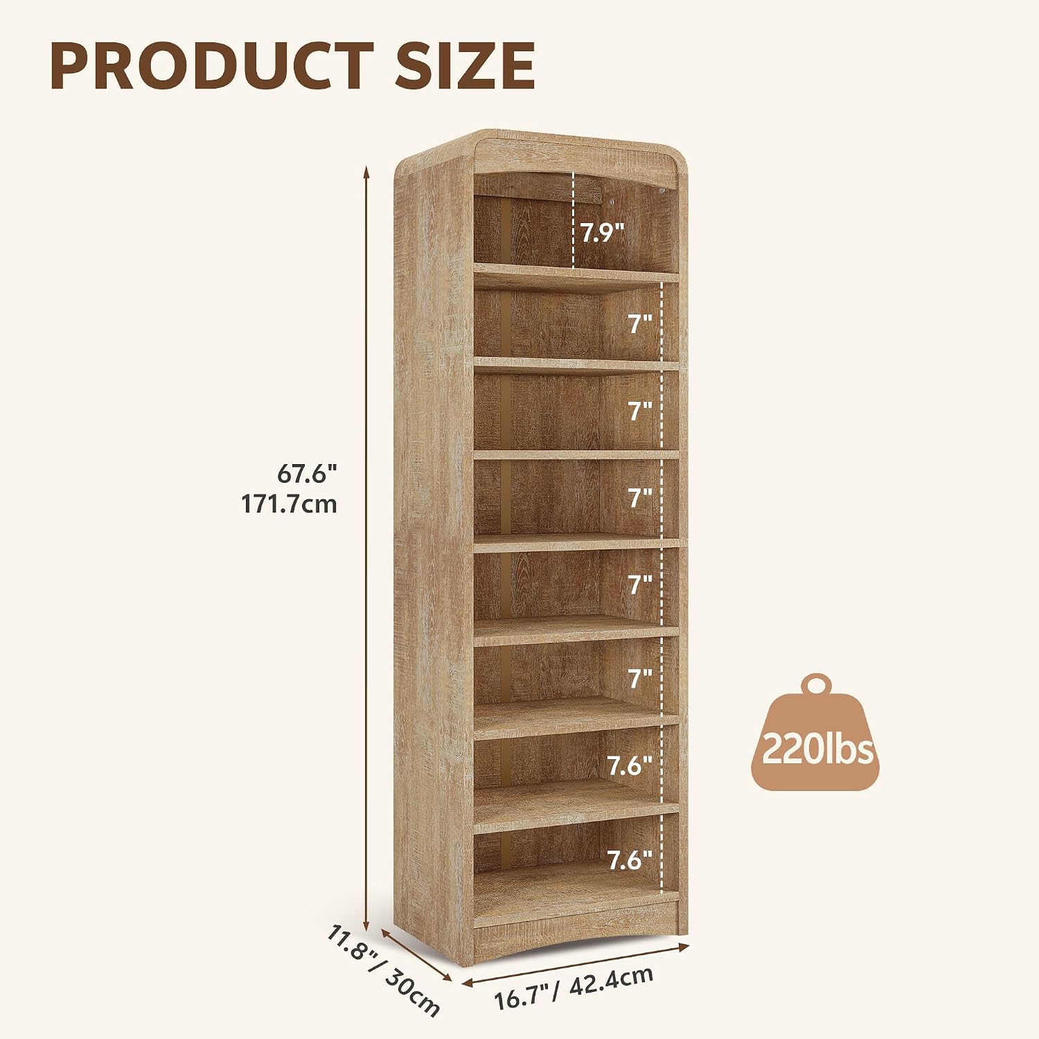 Tall Shoe Cabinet, 8 Tiers 16 Pairs Wooden Shoe Rack with Adjustable Shelf, Freestanding Shoe Closet Shoes Organizer Cabinet for Entryway, Hallway, Living Room, Natural