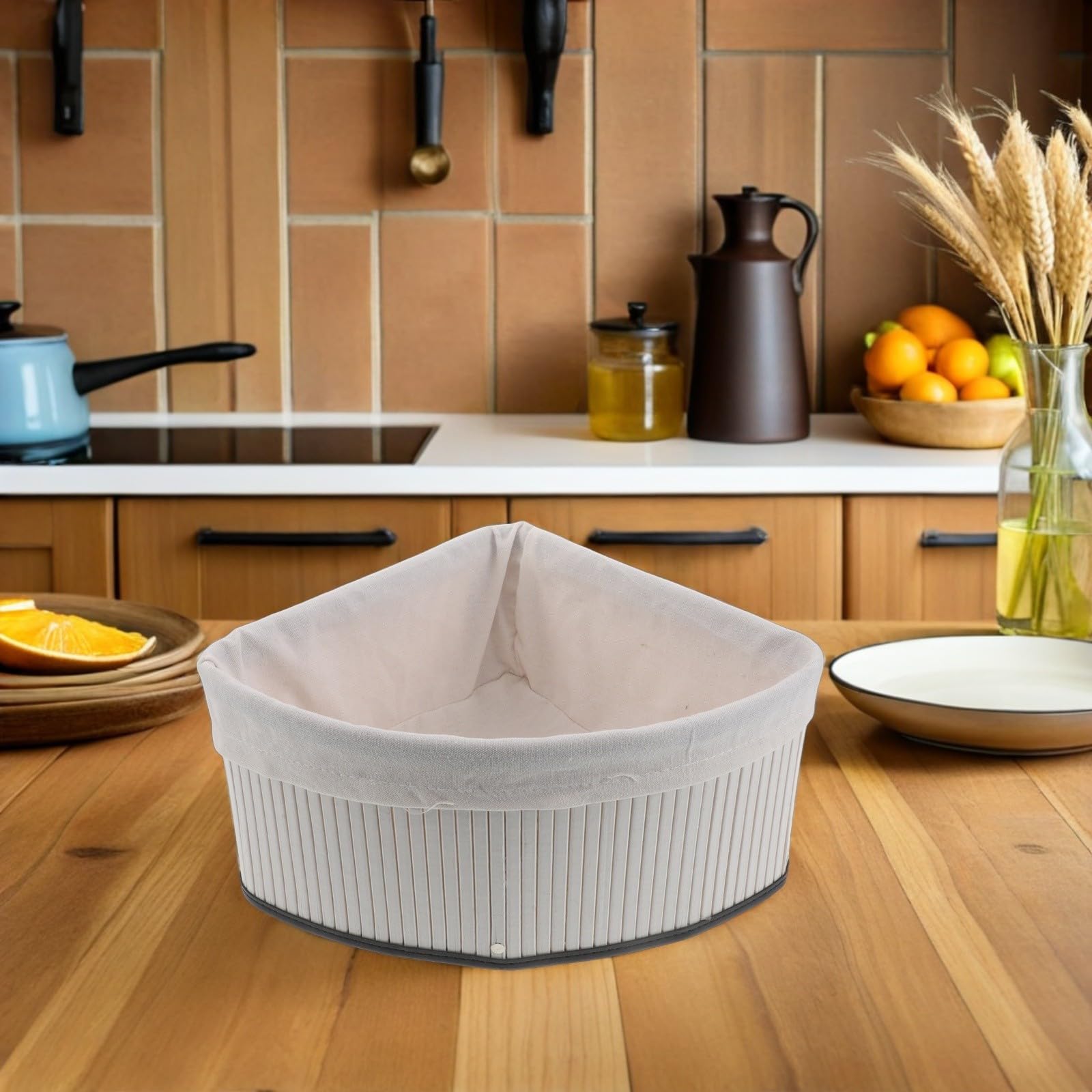 Cesta Organizadora de Bambú en Forma de Abanico Triangular para Armarios con Diseño Tejido y Forro, Maximiza Espacio en Esquinas para Cocina y Dormitorio