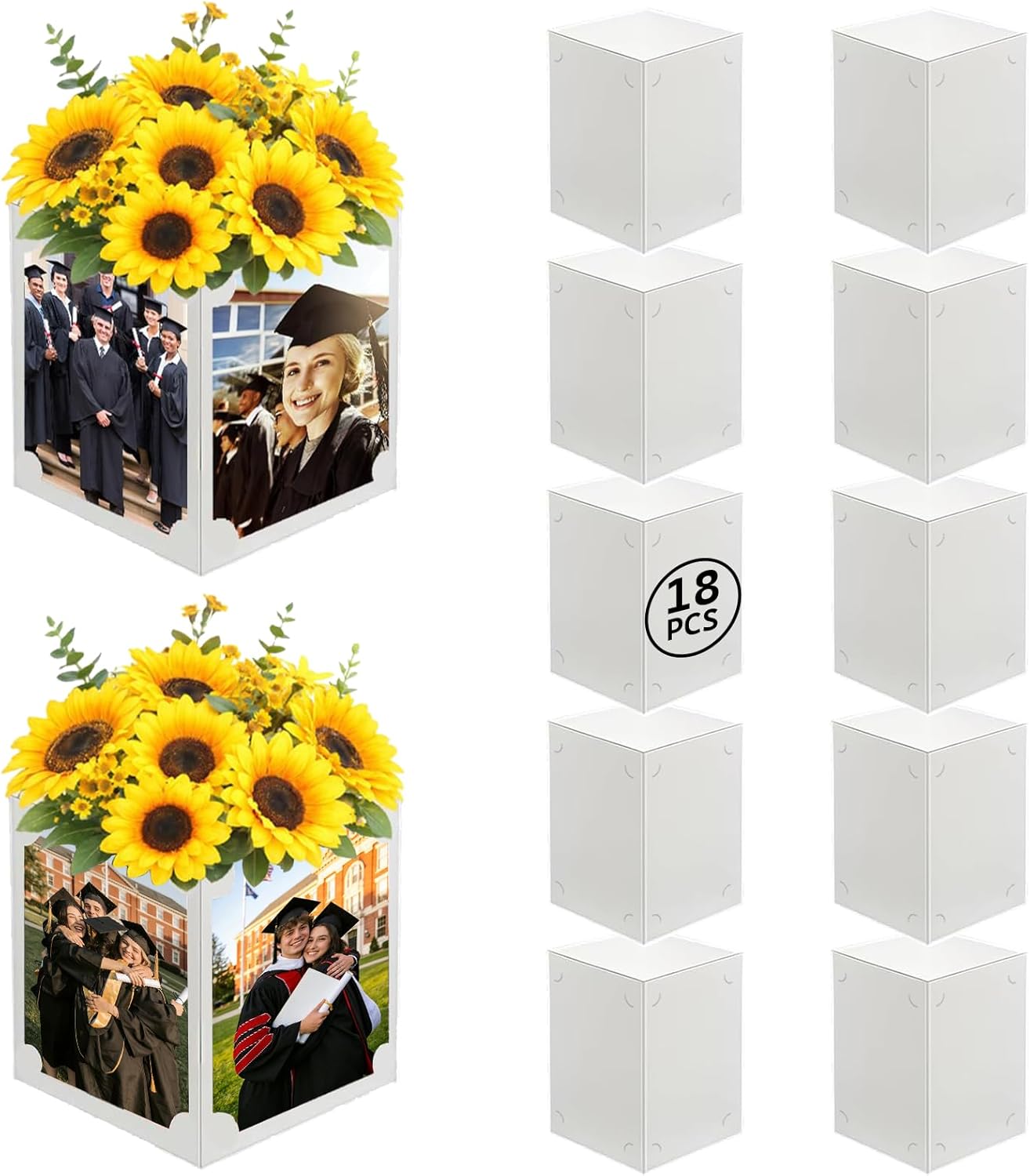 18 Pcs Graduation Picture Centerpiece for Table 4x6 Photo & Flower Display, Picture Frame Centerpieces Paper Box for Congrats Grad Birthday Baby Shower Wedding Decor (White, 5.5"x5.5"x7.1")