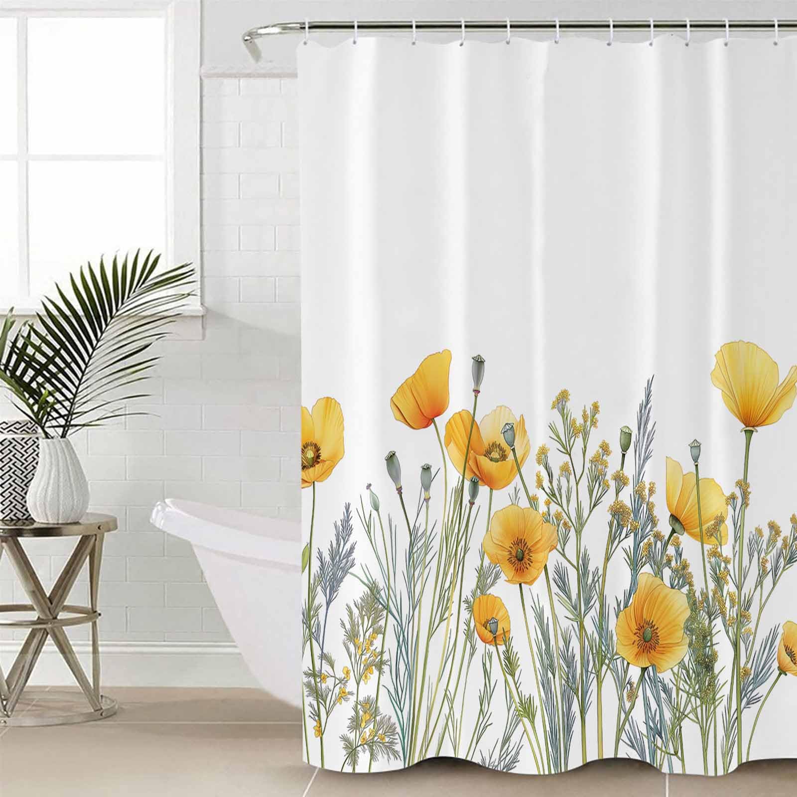 Anzona Yellow Poppy Waterproof Shower Curtains Set - Small 36 x 72 Inch, Farmhouse Watercolor Botanical Floral Polyester Fabric Bathroom Curtain with