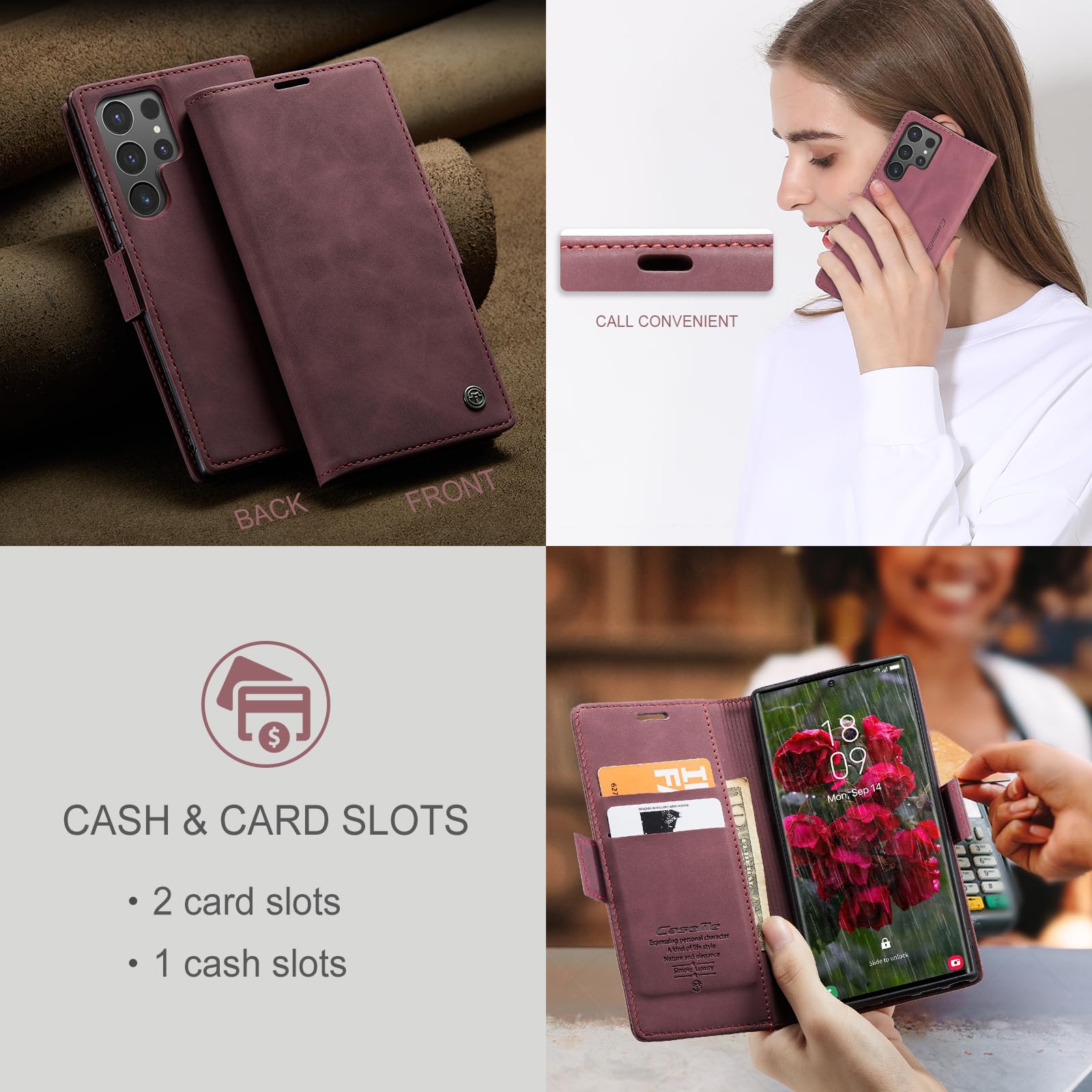 Azororo Cover per Samsung Galaxy S24 Ultra 5G, Premium PU Pelle Custodia, Magnetica Carta Fessura Portafoglio Case, Flip Cavalletto Custodia per Samsung Galaxy S24 Ultra- Vino Rosso