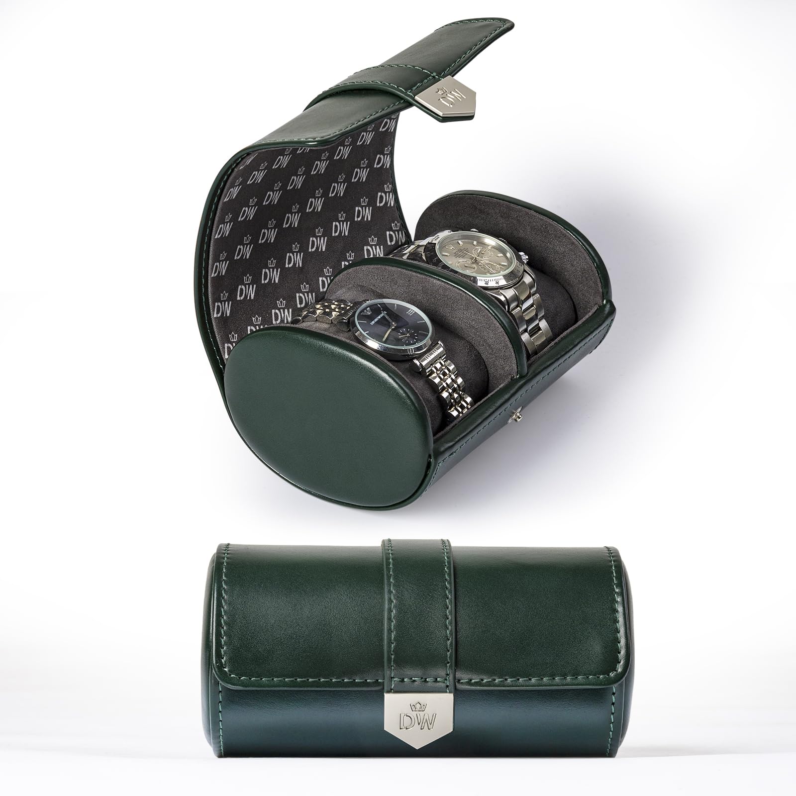 DUKWIN Rotolo per 2 orologi, organizer da viaggio con cuscini rimovibili, per uomini e donne, in pelle, per collezione di orologi e regalo per anniversario e compleanno (contenitore per orologi verde)