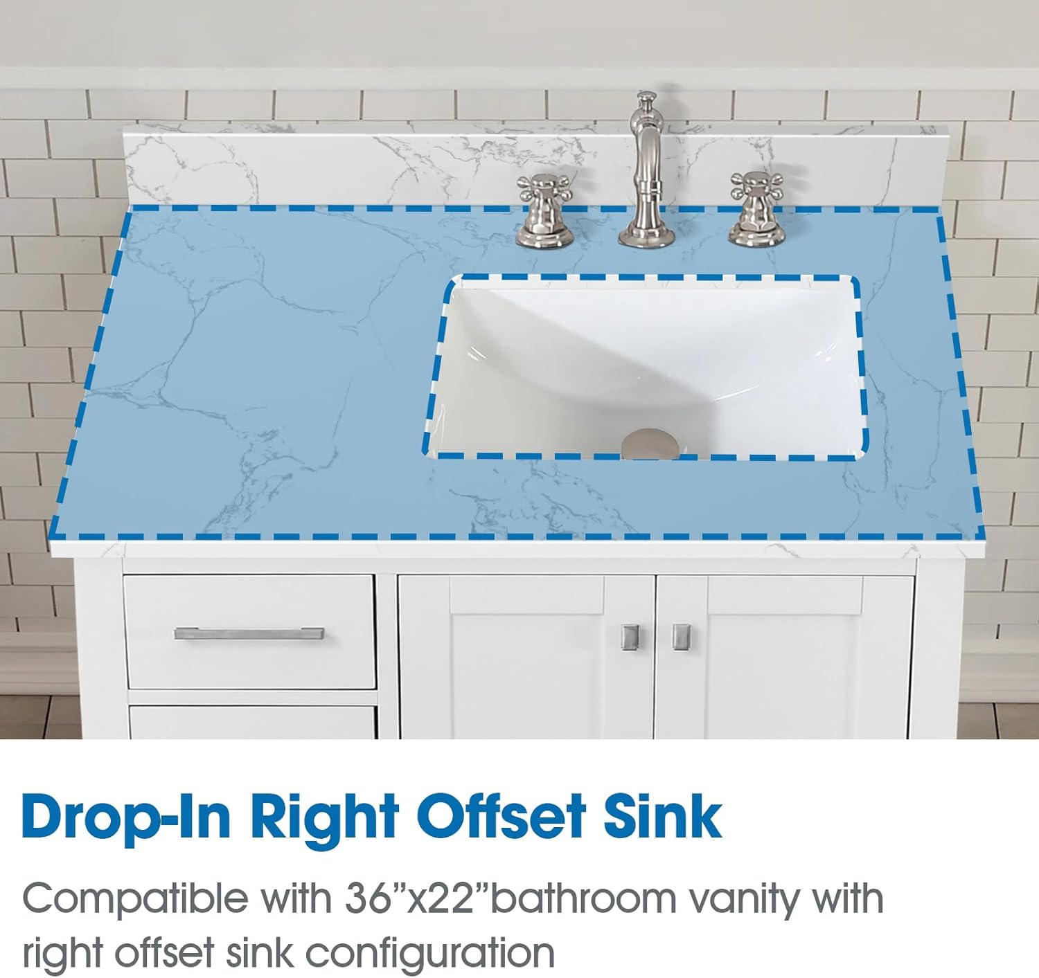 36 Inch Engineered Stone Bathroom Vanity Sink Top, with Undermount Rectangular Right Side Sink, Vanity Countertop with 8 inch Faucet Hole Spacing and Backsplash in Lightning White