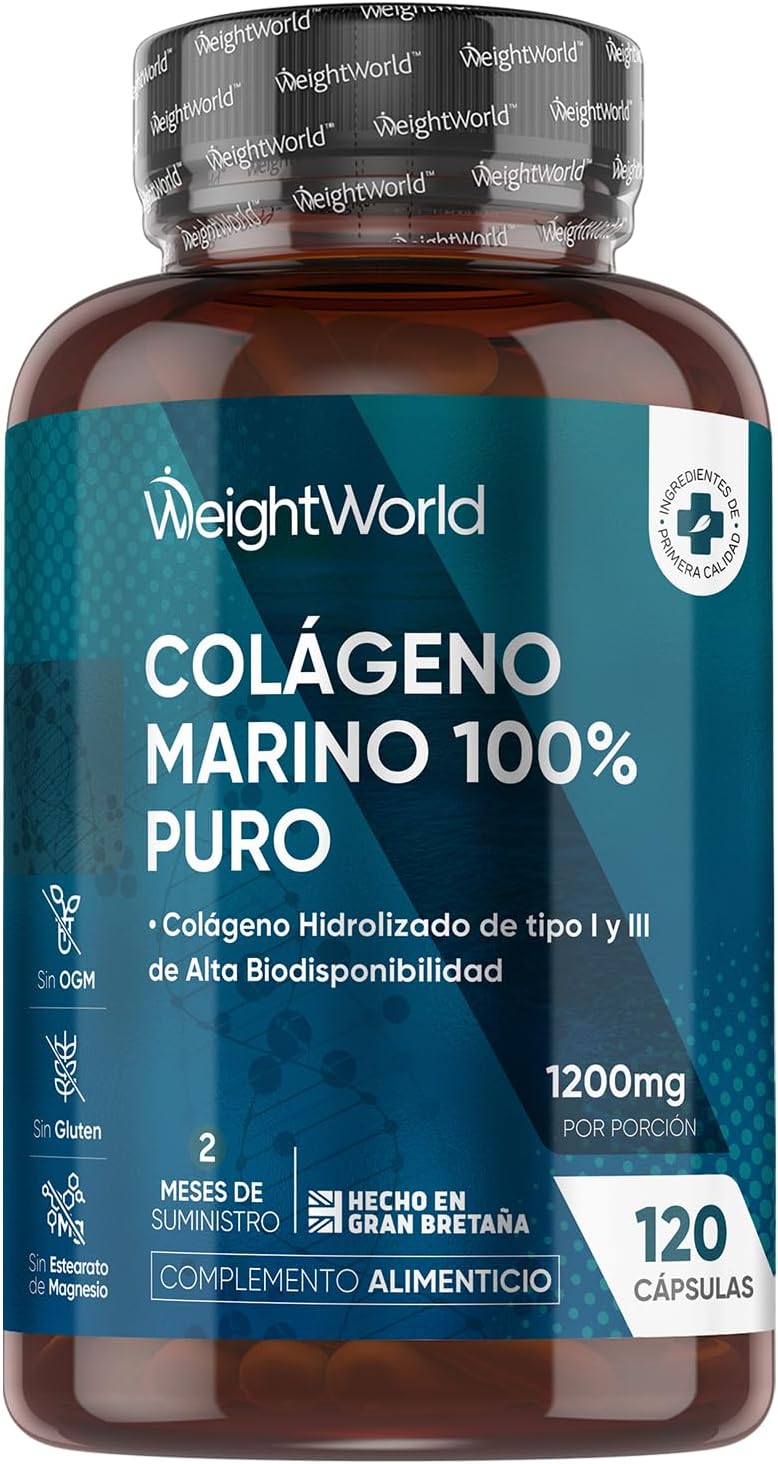 Colágeno Marino Hidrolizado 100% Puro 1200 mg - 120 Cápsulas de Péptidos de Colágeno de Pescado Hidrolizado Tipo I y III - Suministro para 2 Meses, Sin Gluten y Sin OGM