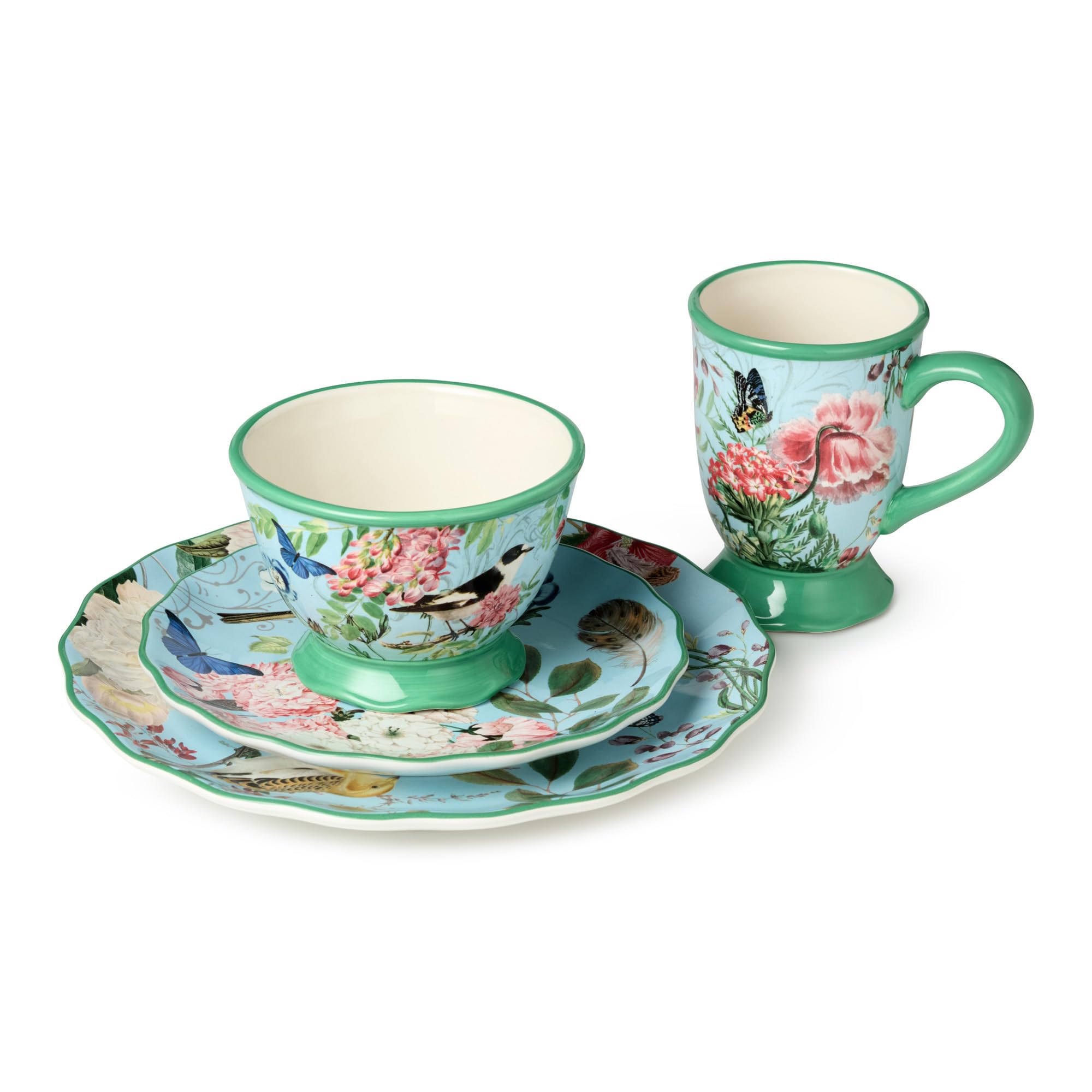 Certified International Flora - Juego de vajilla de 16 piezas, servicio para 4, incluye cena, platos de postre, tazas y cuencos de helado de pedestal con vibrantes diseños florales inspirados en la