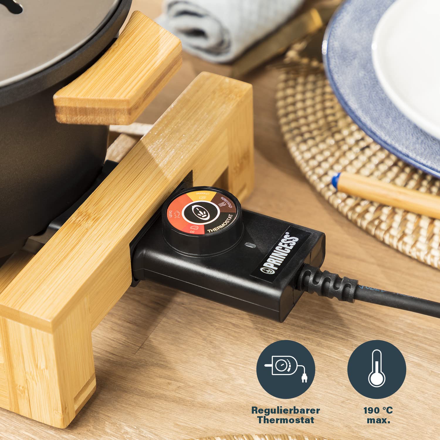 Princess Fondue-Set 1,5 L für 8 Personen – Bambus-Design, Antihaftbeschichteter Topf, einstellbarer Thermostat, inkl. 8 Gabeln, ideal für Käse-, Fleisch- und Schokoladenfondue, leicht zu reinigen