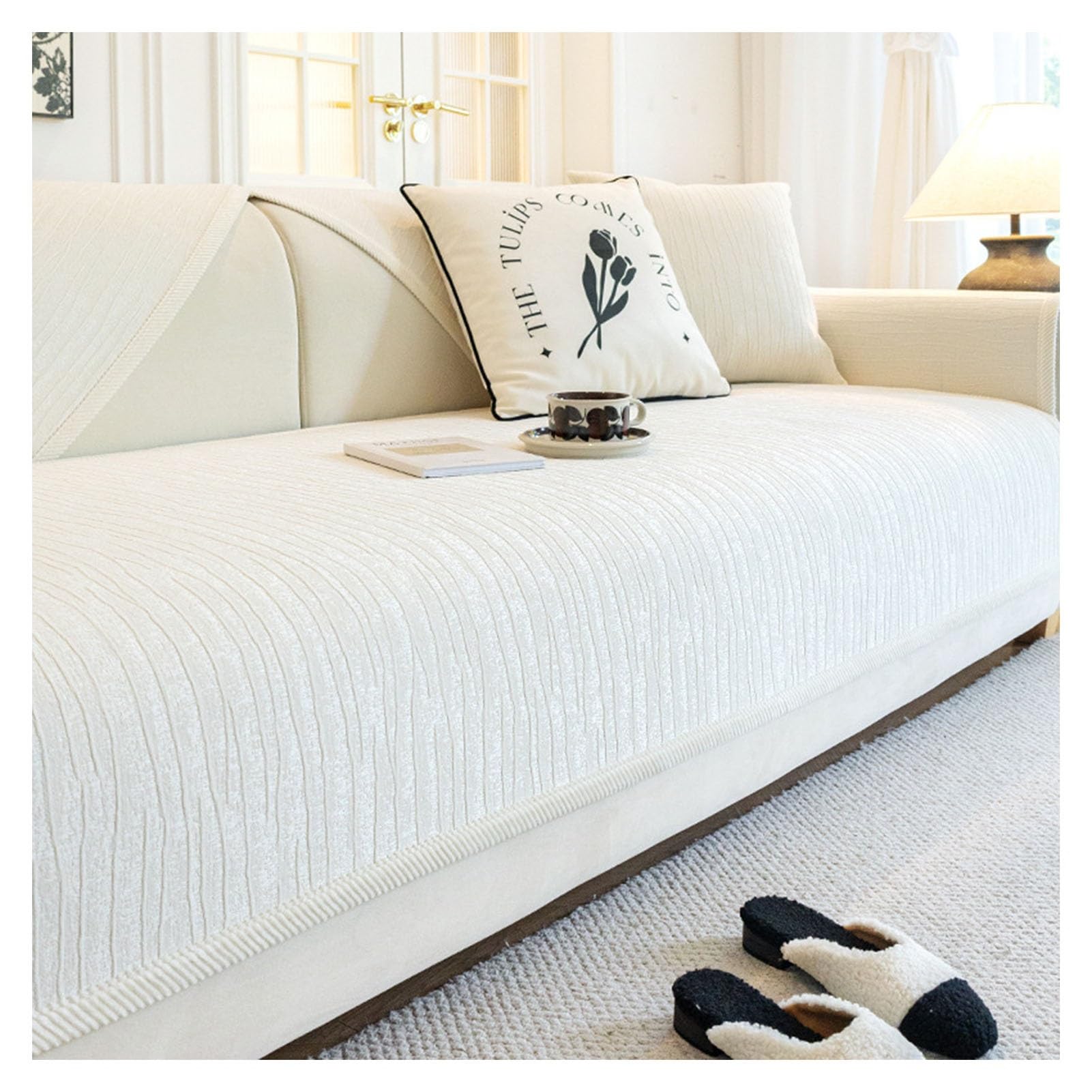 DDS22E Washable Chenille Sofa Blanket, Plush Super Soft Furniture Cover with Anti-Slip Latex Particles,(Creamy White,110 * 160cm)