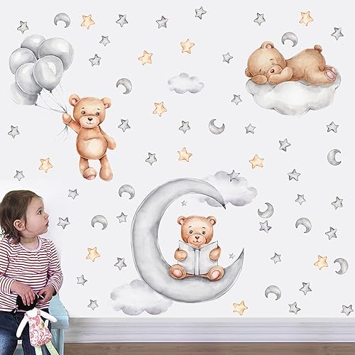 Pegatinas de pared de oso durmiendo en la luna y estrellas para niños, decoración de habitación de bebé, luna de sueño dulce, globo de aire