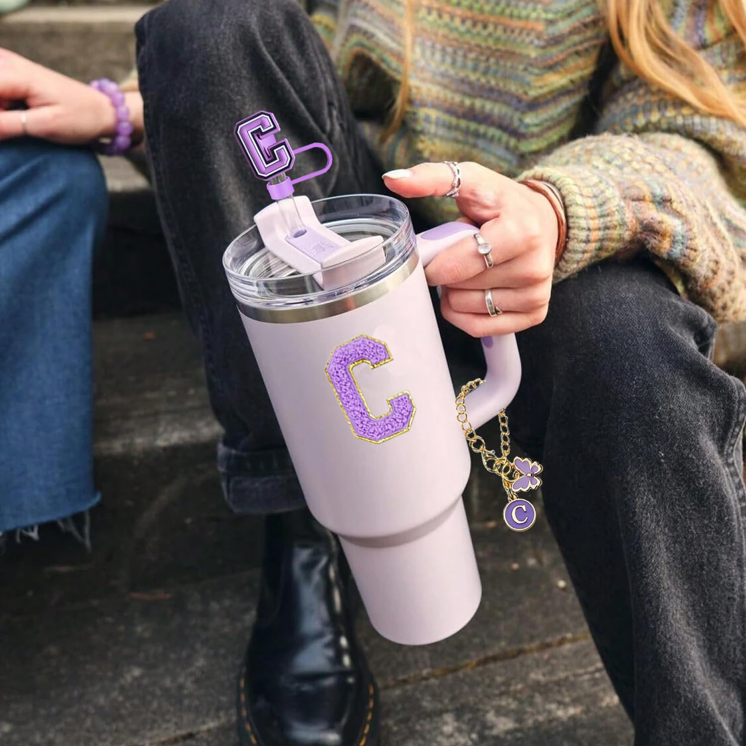 9pcs Cup Accessories Set, Butterfly Straw Cover Cap for Stanley Cup 30oz/40oz,Sticker for Stanley Decorations,Initial Letter Charm Personalized Spill-Proof Silicone Stoppers (Purple A) - Image 4