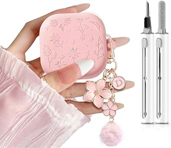 for Samsung Galaxy Buds 4 Case/Galaxy Buds 4 Pro Case Cover,Cute Engraved Flower Cover for Samsung Galaxy Buds 4/4 Pro,Silicon Skin with Girly Floral Keychain&Cleaing Pen Women Girls-Pink