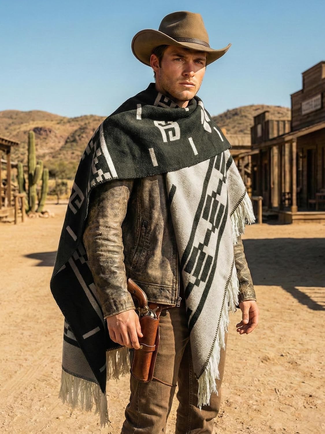 Western Cowboy Poncho - Unisex Authentic Mexican Alpaca Wool Poncho for Halloween Cowboy Cosplay & Western Theme Party