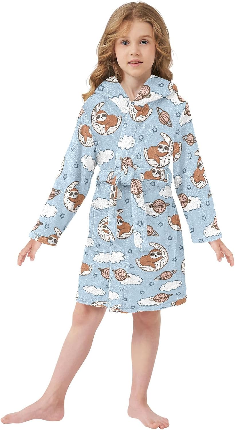 Cartoon Sleep Sloth Toddler Hooded Bathrobe for Boys Girls Soft Plush Bath Towel Robe 2-12 Years