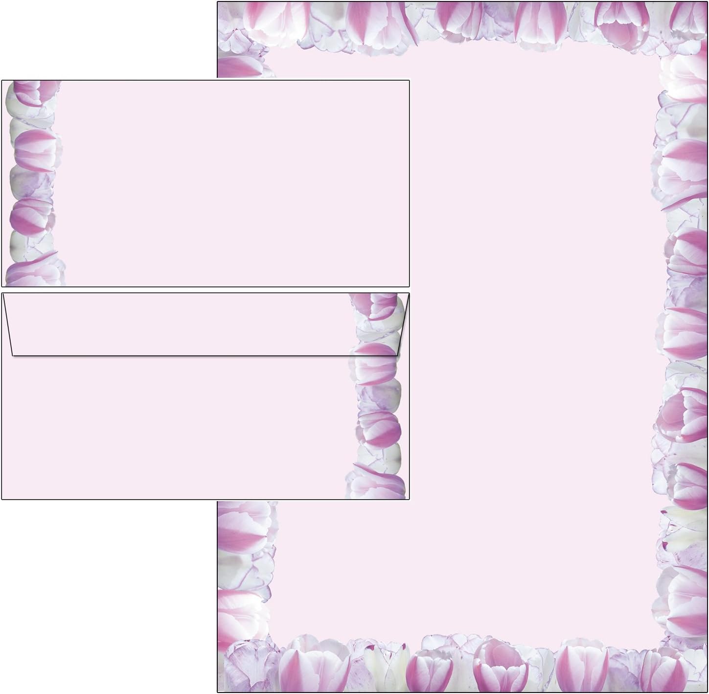 Letter Paper Folder Pink Tulips – Set of 50 25 Sheets Letter Paper + 25 Envelopes DIN Long without Window 5715 + 6715M