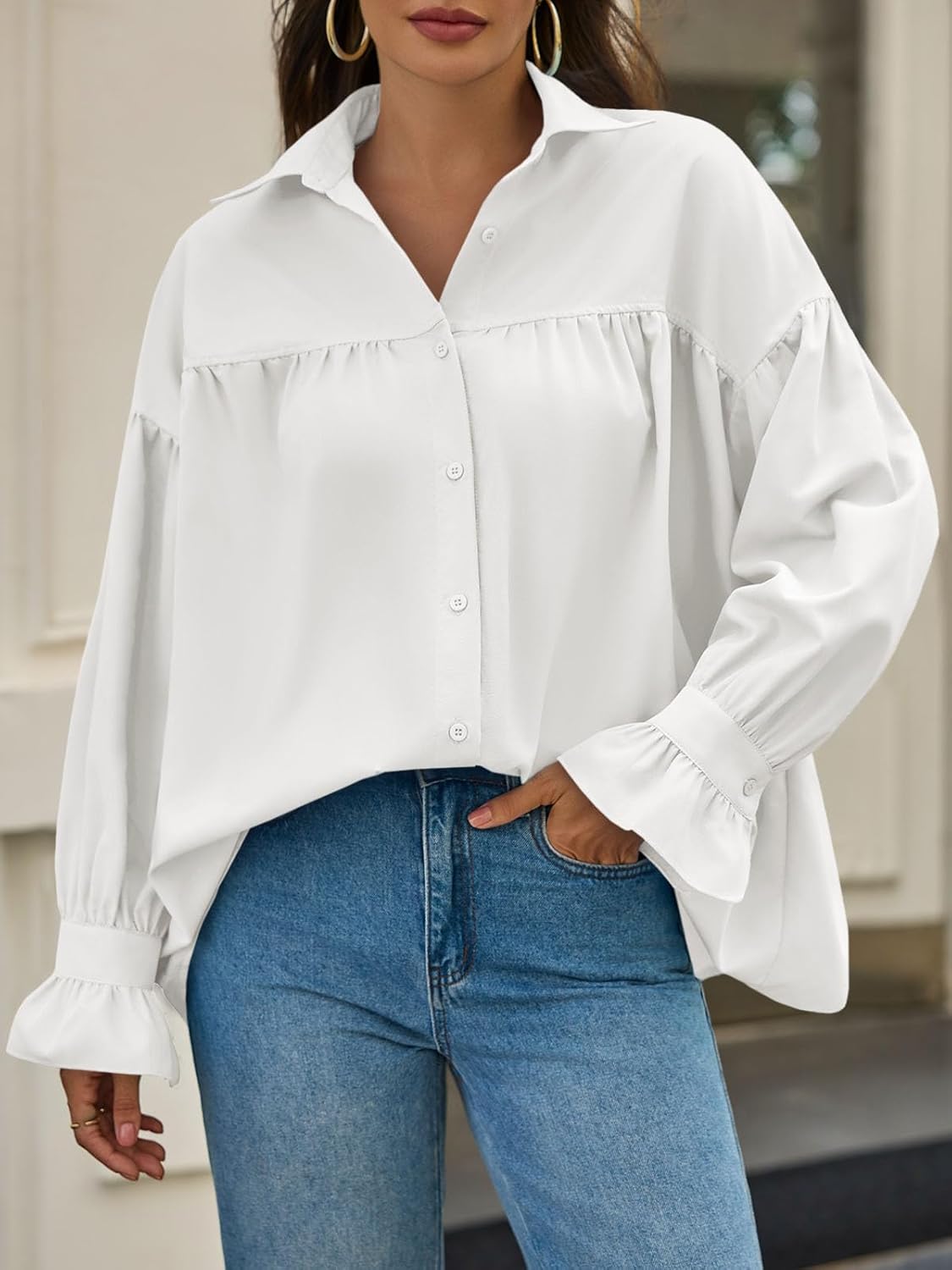 Cicy Bell Womens Oversized Button Down Shirts Long Ruffle Sleeve Pleated Babydoll Blouses Trendy Casual Tops - Image 5