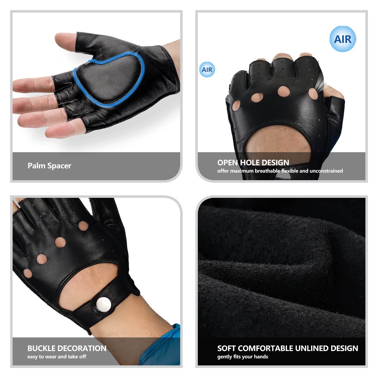 GSG Herren fingerlose Lederhandschuhe für Fahren, Radfahren, Halbfinger, Motorradschutz, schwarz ungefüttert - Schwarz - 10