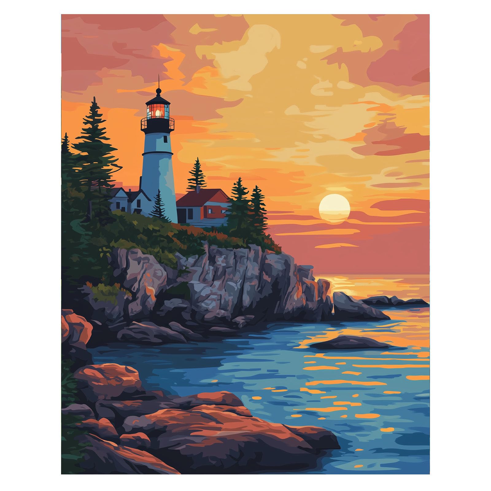 ARNLRDYA Lighthouse Sunset Paint by Number Kits, Acadia National Park Paint by Numbers for Adults, Ocean Coastal Landscape DIY Acrylic Painting for Gift Home Decor(16×20inches, Unframe)