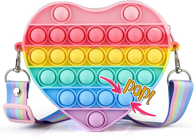 GORAYA Heart Pop it Bag for Girls and Kids, Fidget Shoulder Bag and sensory figet, Popit fidget handbag, Pop Fidget purse, Gift as poppet fidget toys for Kids, Birthday Halloween & Easter Gift
