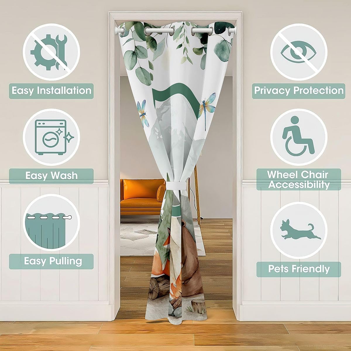 Happy Camping Doorway Curtains Privacy for Kids - Zoo Animal Personalized Initial D Blackout Curtain Bear Fox Campfire Adventure Closet Door Curtain Eucalyptus Leaf Room Divider Drape 42"W x 84"L