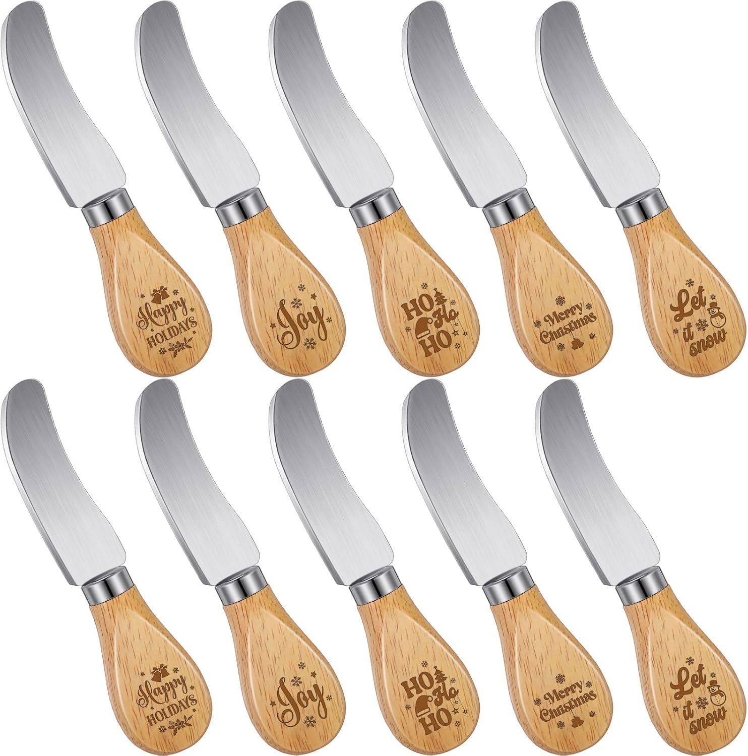 Teenyyou 10 Pcs Christmas Cheese Spreader Knives 5.1 Inch Stainless Steel Butter Spreader Knives with Wooden Handle for Christmas Decoration Charcuterie Board Cheese Condiments