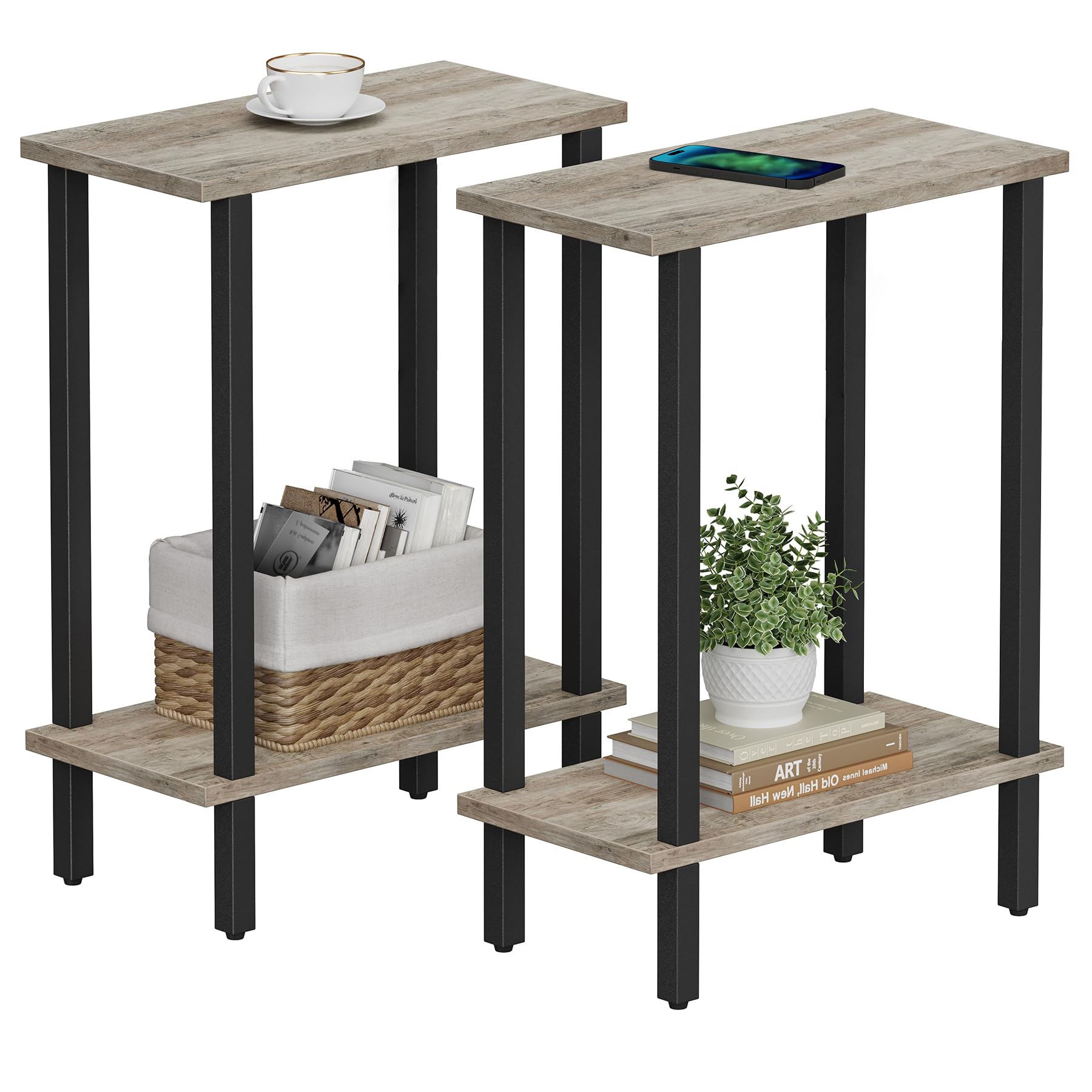 TUTOTAK Small Side Table, Narrow End Table, Set of 2, Skinny Sofa Table, Slim Nightstand, Couch Table, Living Room, Bed Room, Greige TB01BG0622