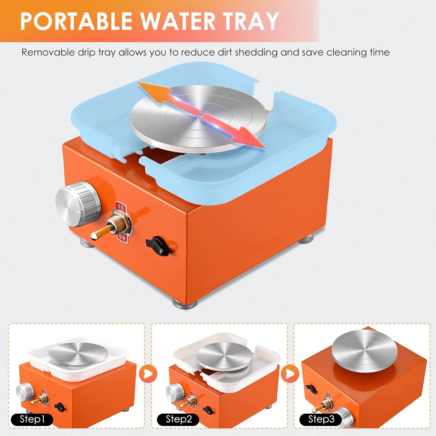 Steps to attach the portable water tray to the pottery wheel