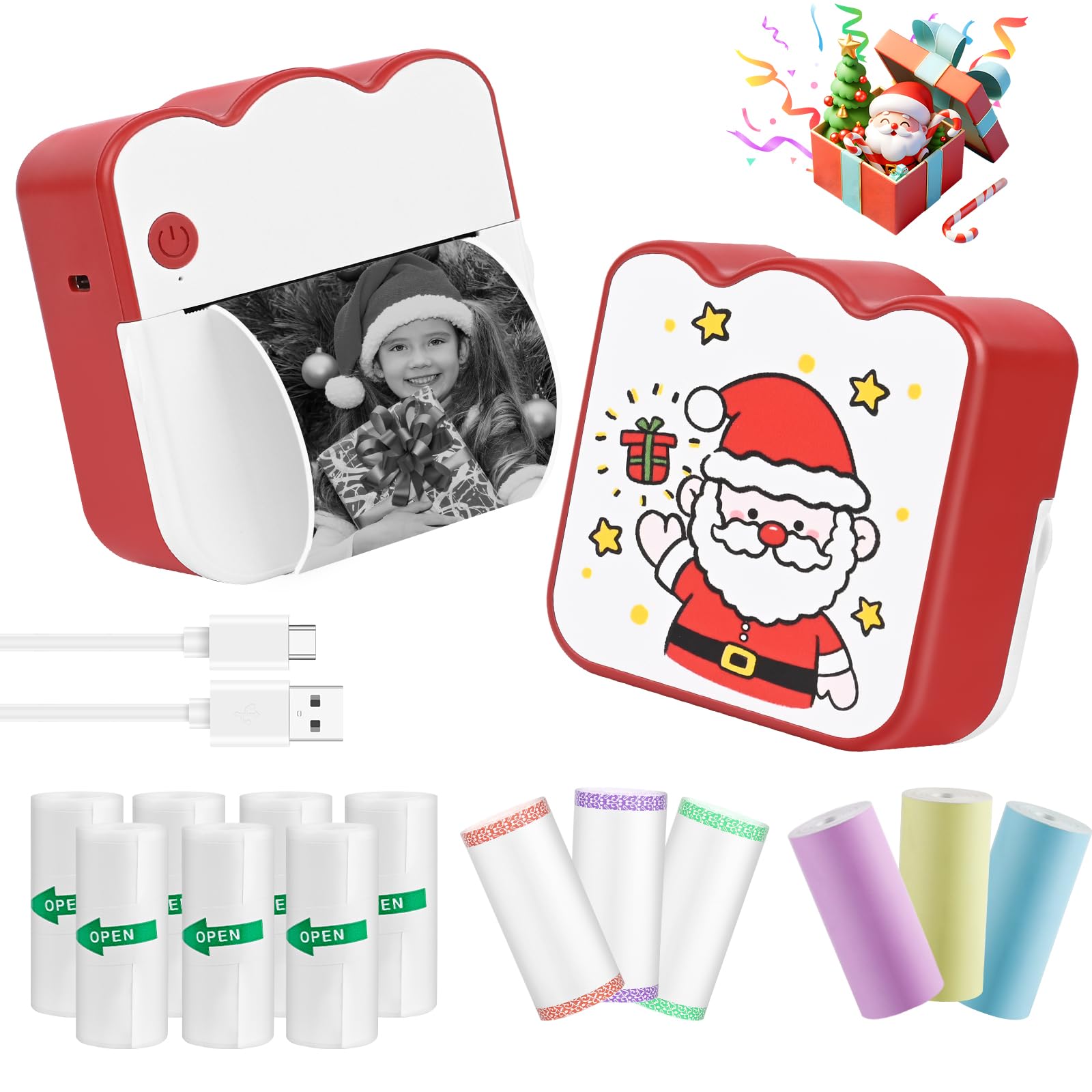 Mini Impresora para Movil, Navidad Impresora Fotográfica con 13 Rollos de Papel, Portátil Mini Impresora Bluetooth Inalámbrico Impresora Térmica, Movil Impresora Fotos, para Fotos Nota, Imagen
