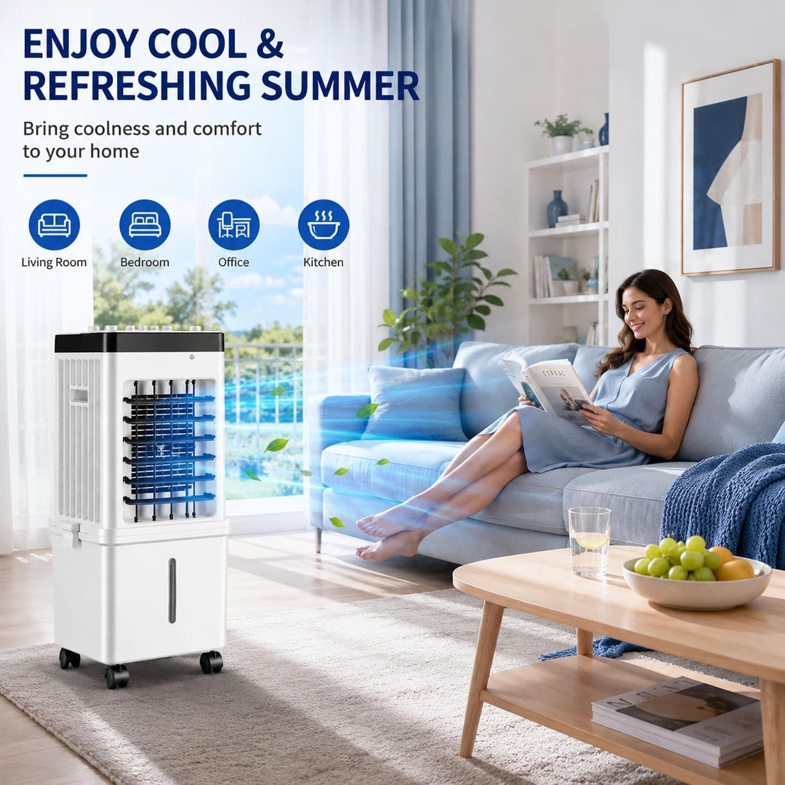 Enfriador de Aire Evaporativo 6L, Ventilador Climatizador Portátil con 4 Acumuladores de Frío, 3 Velocidades, Oscilación 120°, Silencioso para Hogar y Oficina