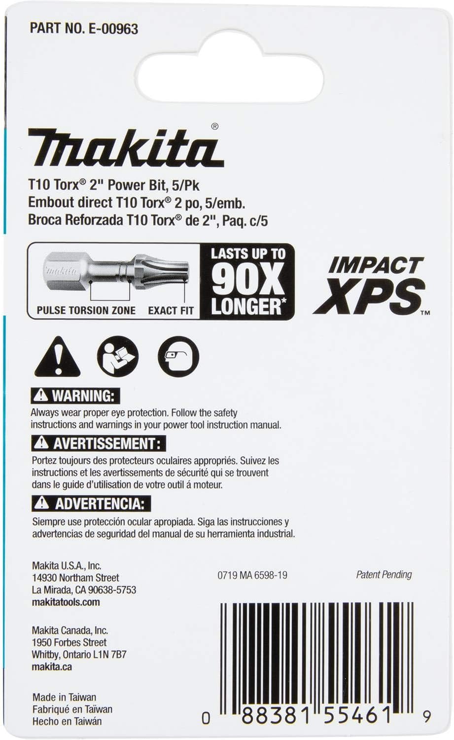Makita E-00963 Impact XPS™ T10 Torx 2" Power Bit, 5/pk