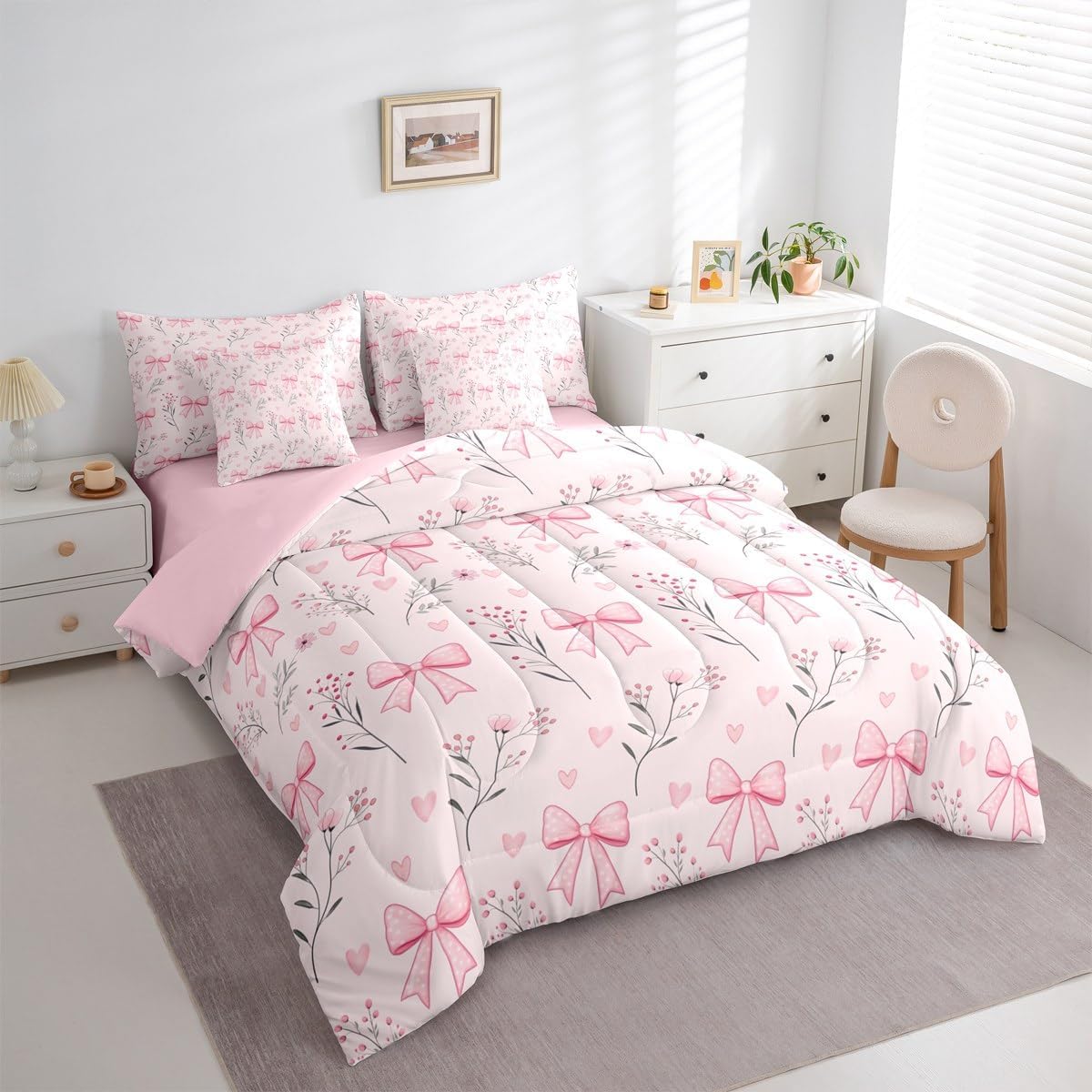 Erosebridal Bow 7 Piece Bedding Set Twin Flowers Comforter Set with Sheets Pink Love Heart Bed in a Bag Florals Girly Bowknot for Kids Girls Women