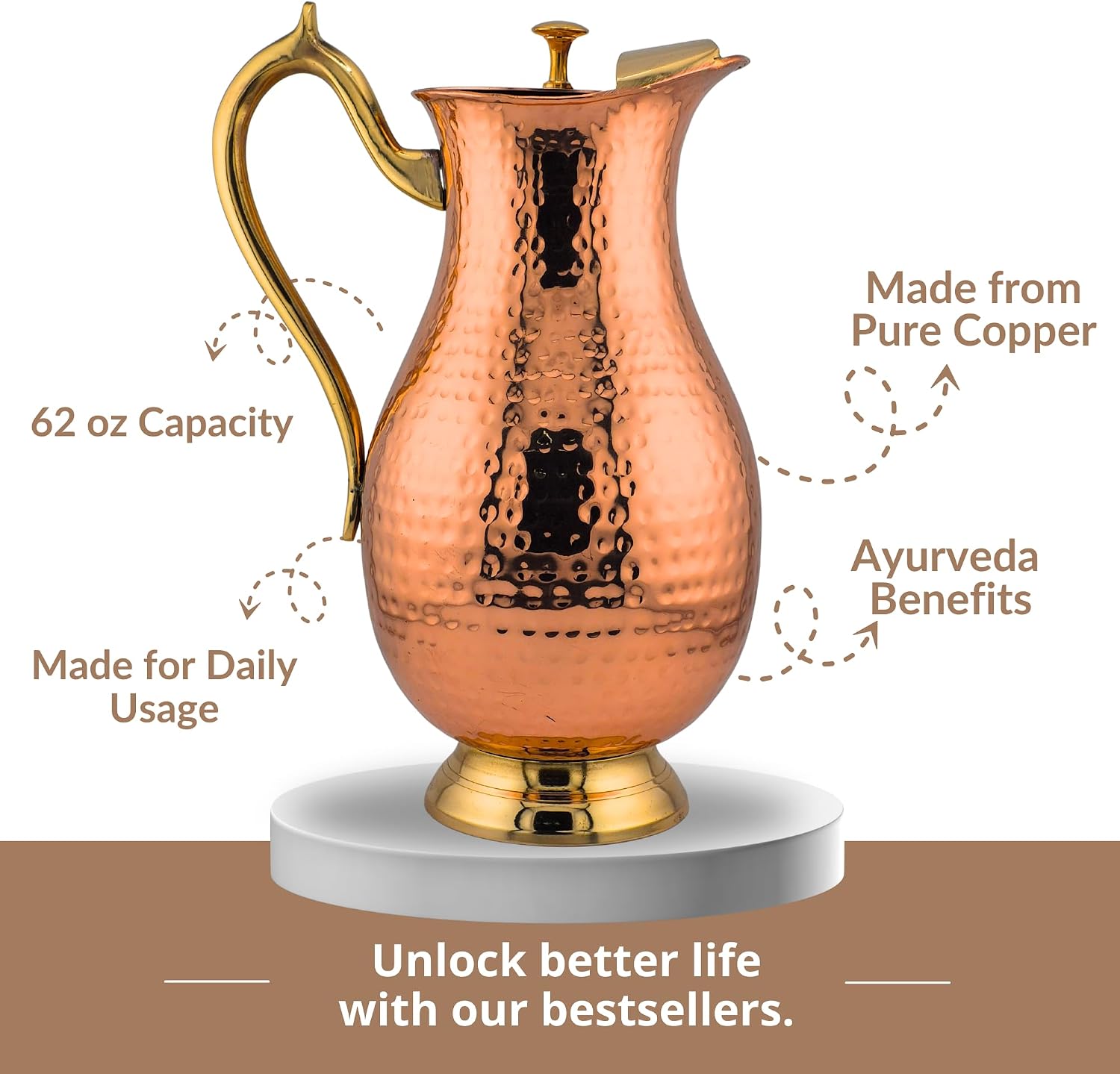 Handcrafted 70oz Pure Copper Water Pitcher with Brass Handle, Hammered Design, Traditional Style, for Daily Use, Ayurvedic Benefits, Export Quality