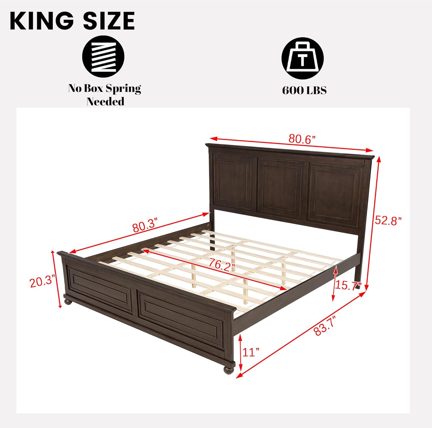 King Farmhouse Bed Frame, King Size Bed Frame Wood with Tall Headboard and Footboard, Pinewood Platform Beds with Built-in Charging Station, Noise-Free, No Box Spring Needed, Rich Brown