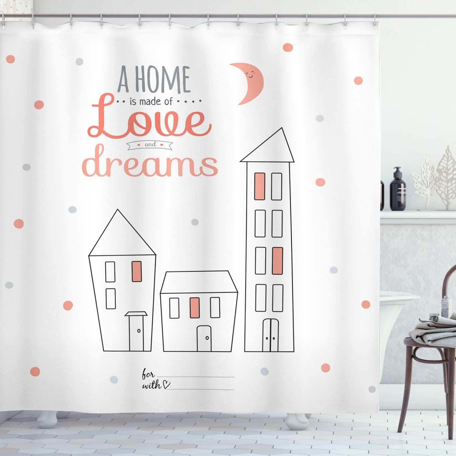 Ambesonne Saying Shower Curtain, Home is Love and Dreams Words of a Romance and Wishes with The House and Moon Cartoon Style, Cloth Fabric Bathroom Decor Set with Hooks, 69" W x 70" L, Salmon White