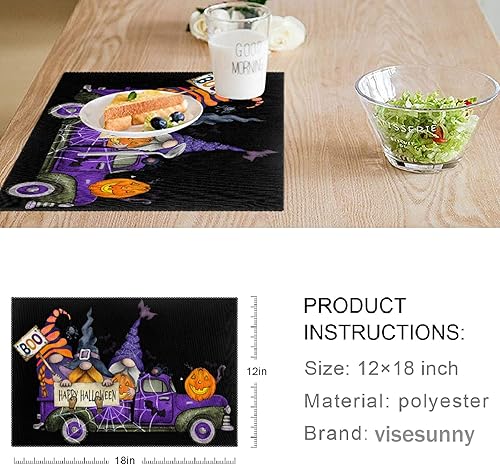 Miniatura 3 de visesunny Juego de 6 manteles individuales para decoración de escritorio, diseño de camión de Halloween, lindo gnomo, calabaza, juego de 6 manteles