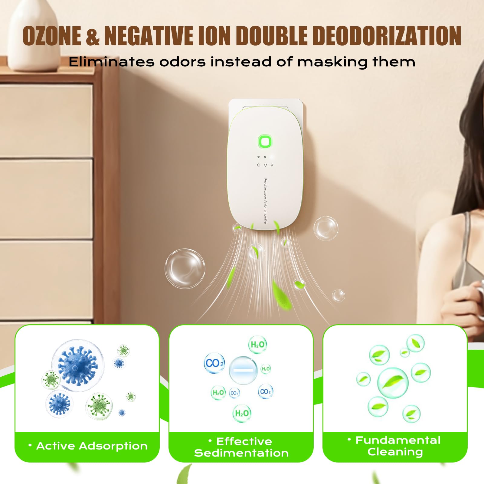 Deodorante per lettiera per gatti 99% ozono eliminatore di odori ioni negativi 2 in 1, purificatore d'aria portatile senza filtro, silenzioso, rimozione degli odori del cane per casa, animali