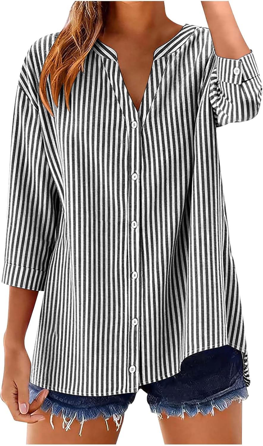 SMIDOW Linen Tops For Women - Striped 3/4 Sleeve v Neck Button Down Shirts Casual Loose Spring Summer Blouses Trendy 2026