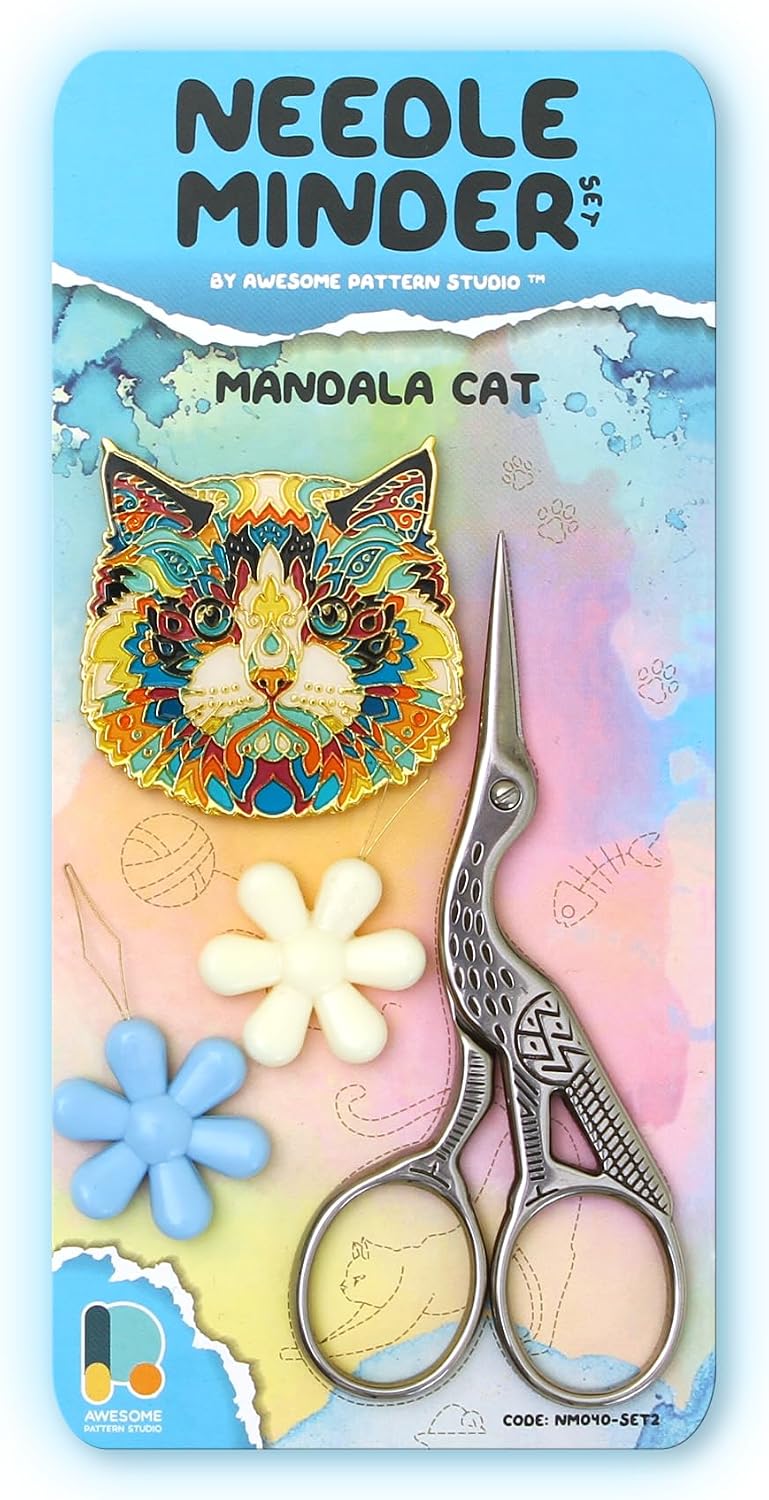 Awesome Pattern Studio Needle Minder Set - Mandala Cat Magnetic Needle Minder + 2 Needle Threaders + Crane Scissors. Enamel Pin for Cross Stitch, Embroidery and Craft