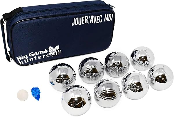 Big Game Hunters Set de 8 Boules de Pétanque avec Protection Antirouille et Sacoche de Transport en Toile - de Luxe Durable Jeu de Boules de Taille Officielle Polies et Gravées - 1