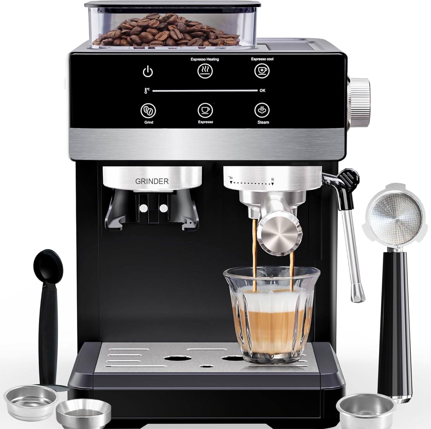 SANPTENT 20Bar Espresso Machine with Grinder, Semi-Automatic Coffee Maker with Milk Frother, Professional Cappuccino Latte Machine for Home, Office