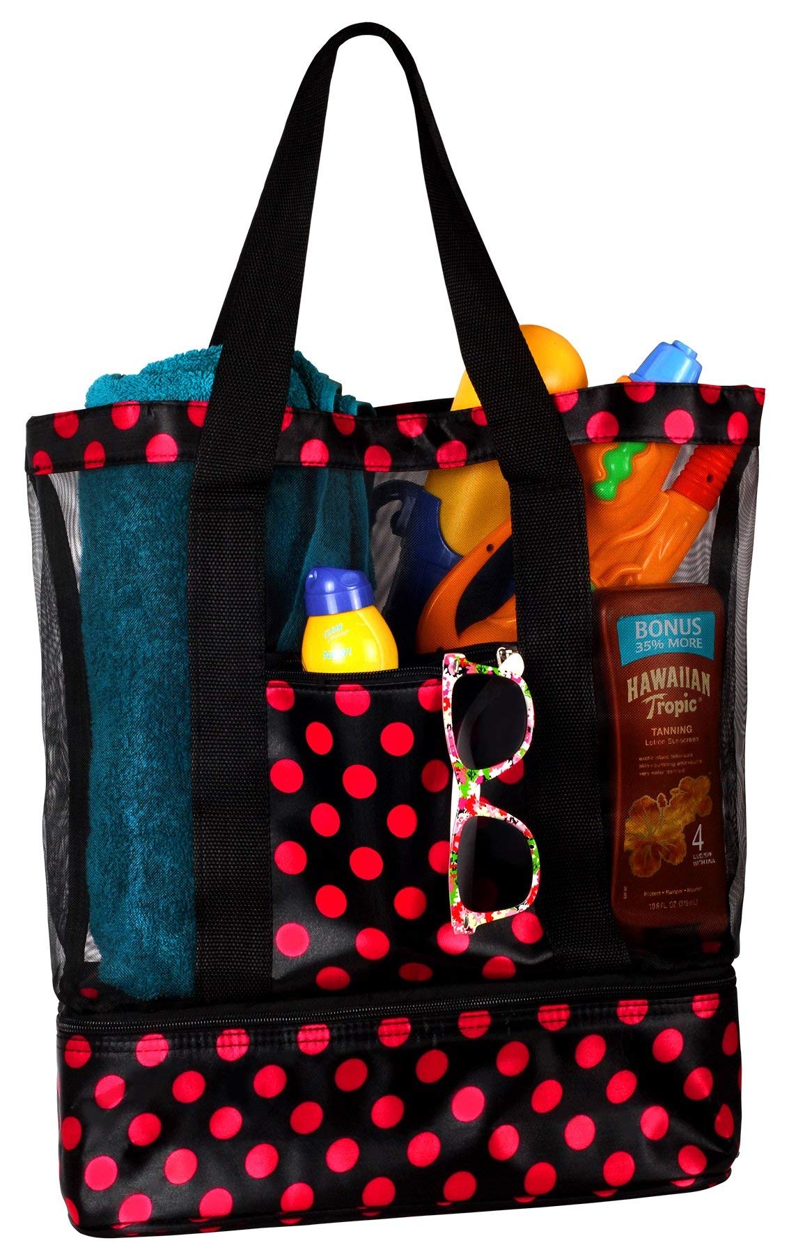 Mesh Beach Tote Bag with Insulated Picnic Cooler Compartment (Black/Pink)