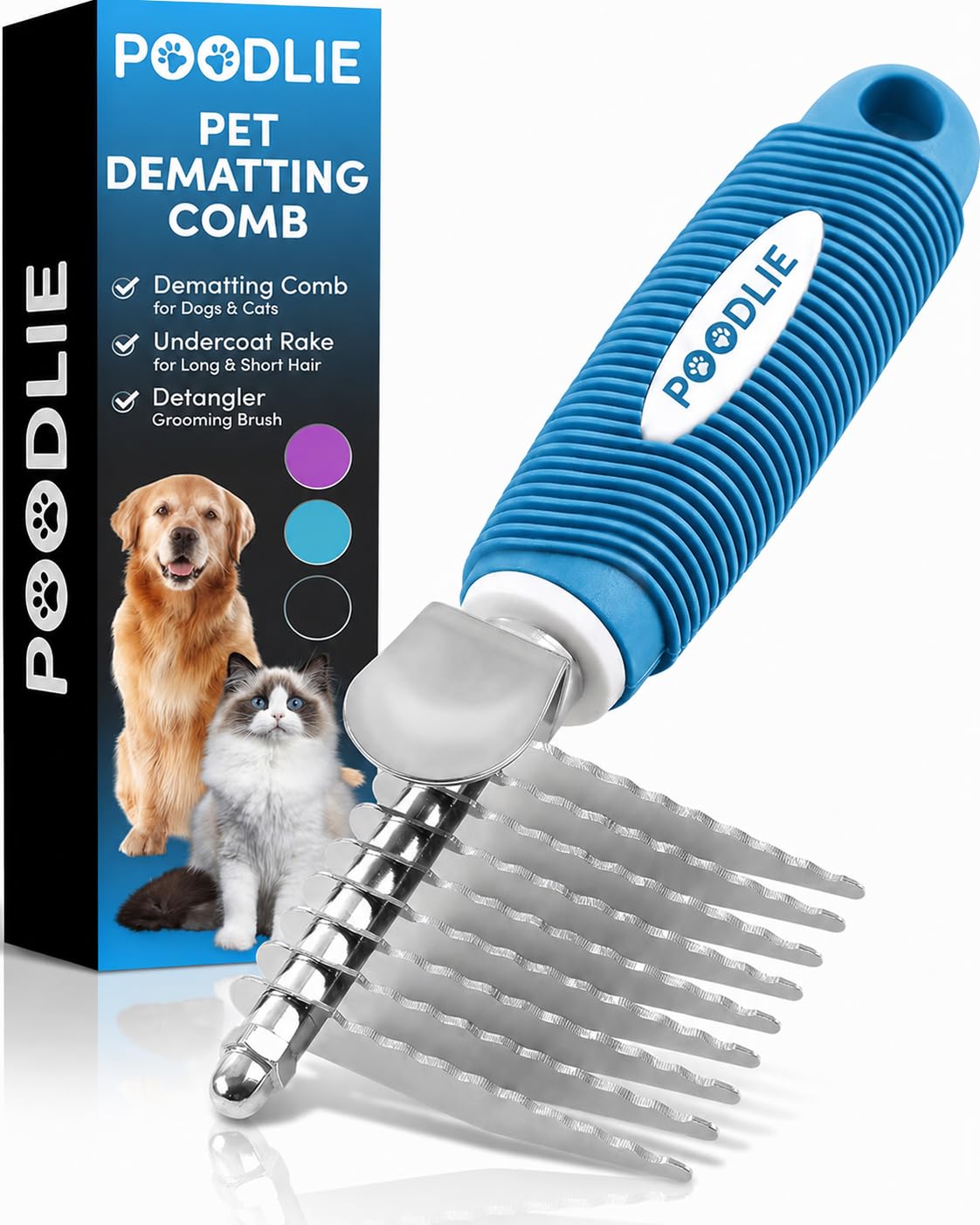Poodle Pet - Cepillo de rastrillo para desenredar la piel de las mascotas, peine para perros y gatos con cuchillas largas de seguridad de acero de 2.5 pulgadas para desenredar el pelo enmarañado o