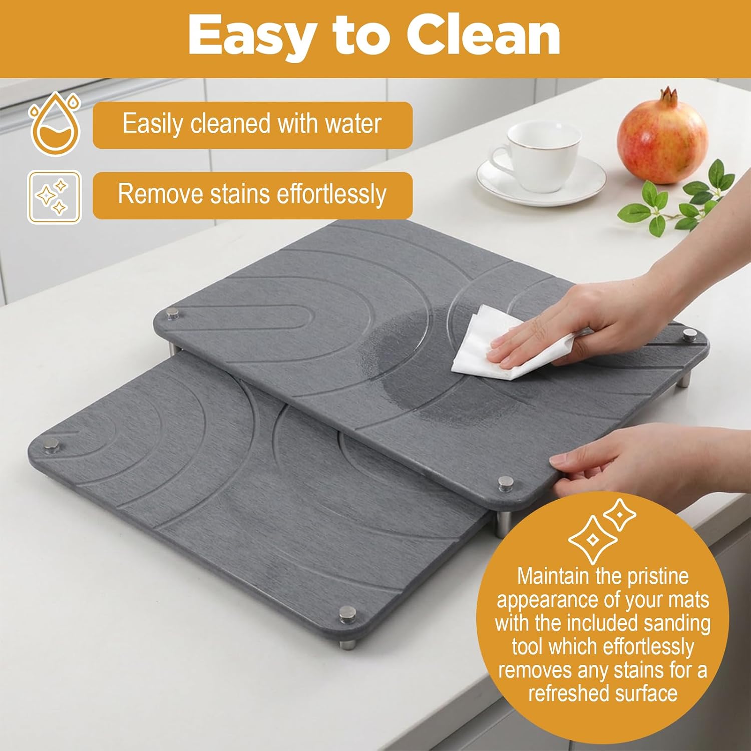 2 Pcs Stone Dish Drying Mat for Kitchen Counter Soapstone Drying Mat Set Diatomaceous Earth Dish Dryings Mats with Non Slip Feet Heat Resistant Fast Absorbing Dark Gray 15.7"(L)×11.8"(W)