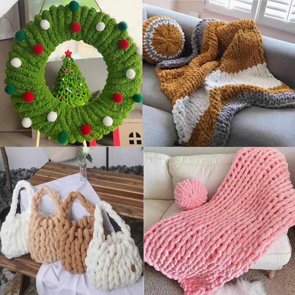 Chunky Chenille Yarn for Crocheting Blanket Bulky Thick Fluffy Yarn Giant Fuzzy Yarn Arm Knitting Yarn (Pink, 4 Pack/1kg)