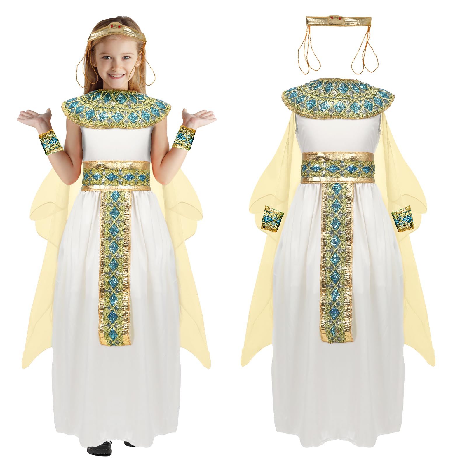 Makoike Cleopatra Costume for Kids Girls Egyptian Costume 6Pcs Egyptian Princess Dress Halloween Outfits Cosplay Props