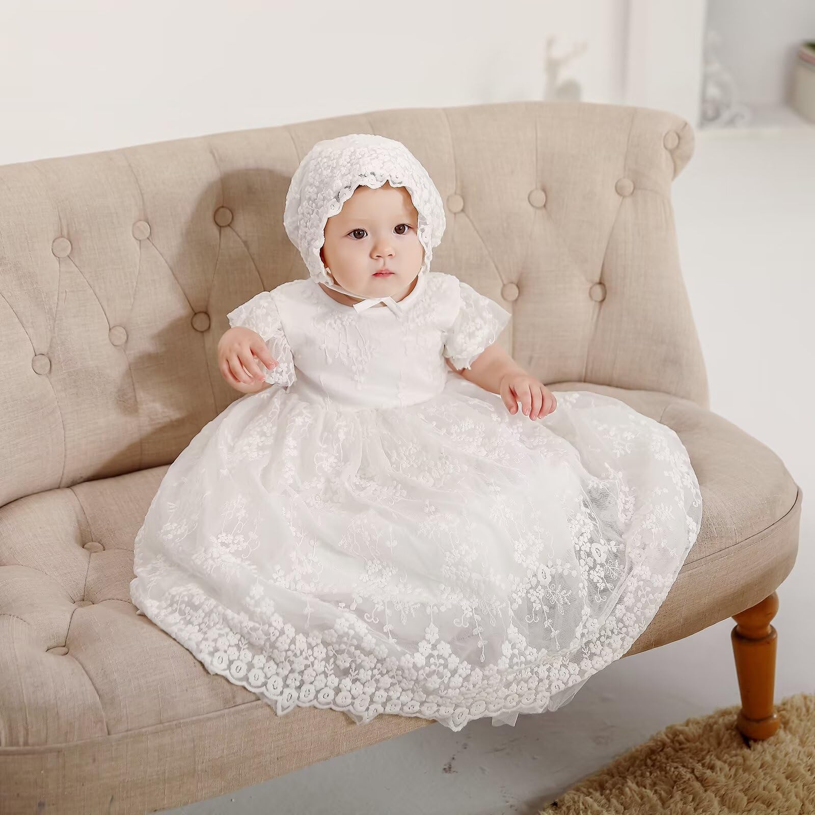Leideur Baby Girl Christening Baptism Dress Long Blessing Gowns White Formal Wedding Dresses for Newborn (6 Months, White 3)