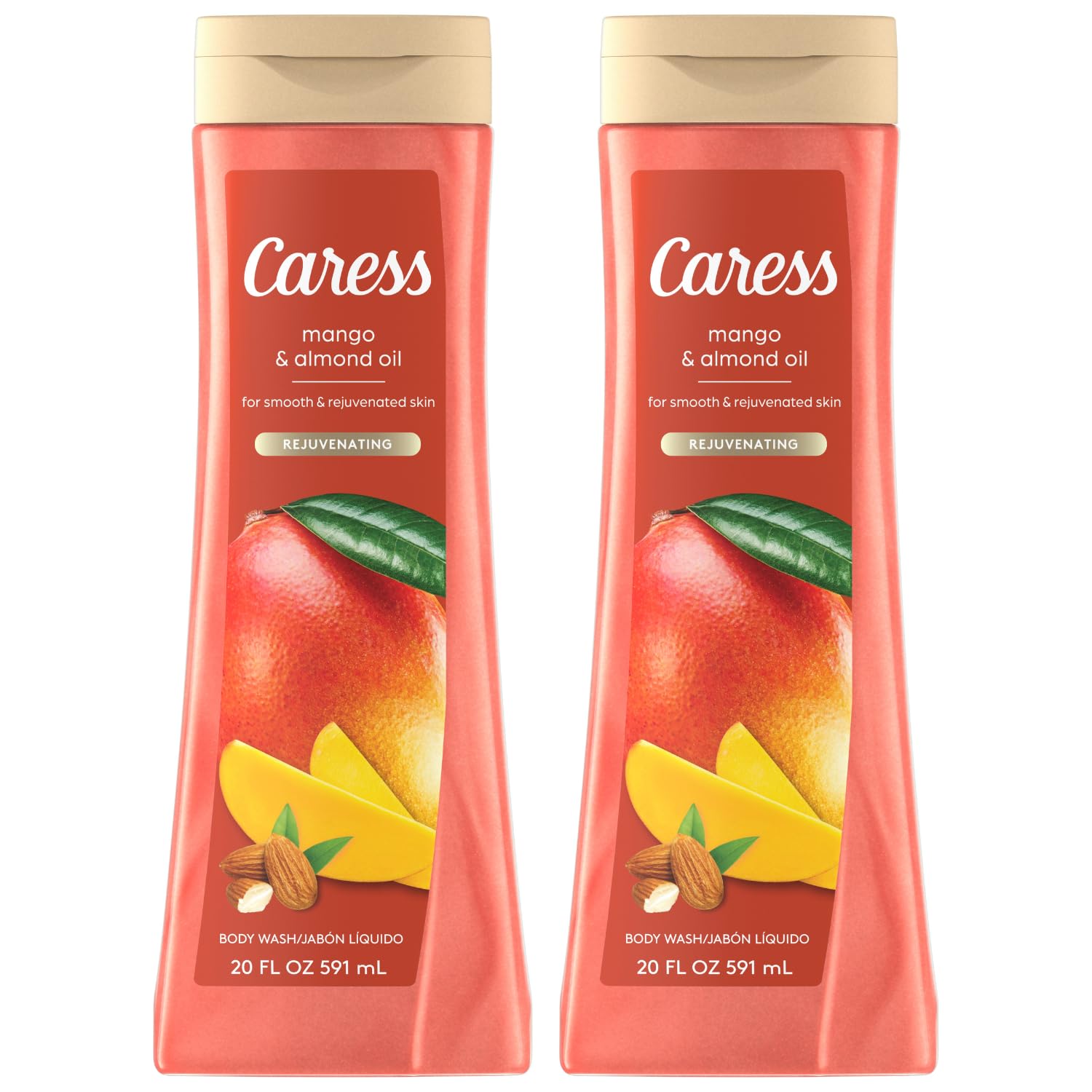 Caress Body Wash, Mango & Almond Oil, Moisturizing Body Wash for Smooth & Rejuvenated Skin, Body Soap Liquid, 20 Fl Oz (Pack of 2)
