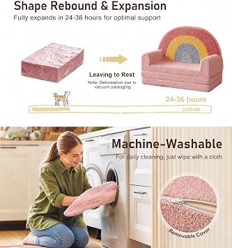 2-in-1 Extra Large Kids Couch Fold Out, Soft Kid Sofa for Playroom, Pink | 50.8 Foldable Kids Chair, Removable Machine-Washable Cover, Supportive Foam, for Living Room, Ideal Gift for Boys & Girls