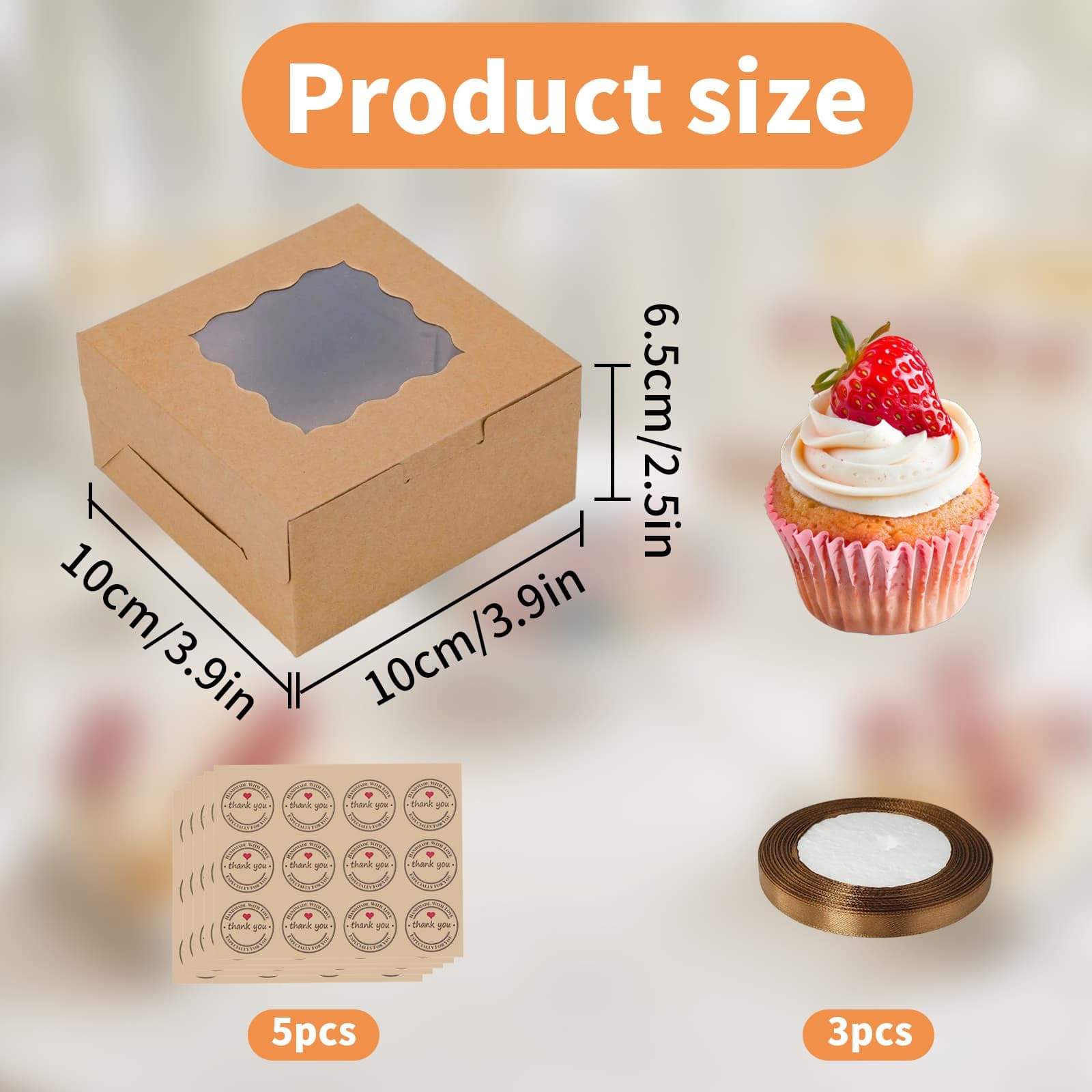 DYUEE 50 Pack Cake Boxes for Cake Portion Brown Cupcake Boxes with 60 Stickers, 3 Rolls of Ribbon - Image 2
