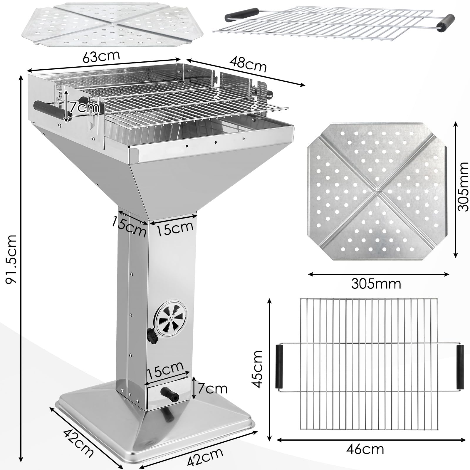 TLGREEN Grill na węgiel drzewny, stal nierdzewna, 63 x 48 x 92 cm, grill kolumnowy z chromowanym rusztem, pojemnik na popiół i wentylacja, 3-stopniowa regulacja wysokości, grill lejkowy do użytku na