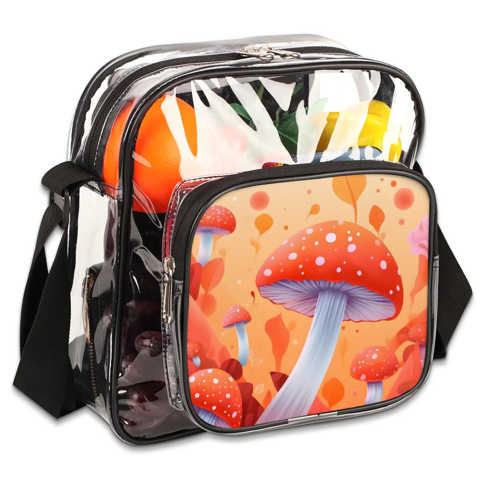Clear Crossbody Bag Stadium Approved Cartoon Mushroom Transparent Bag for Festivals, Sports Events, Concerts,Beach Bag for Women Men Clear Purse with Front Pocket Messenger Bag with Adjustable Strap