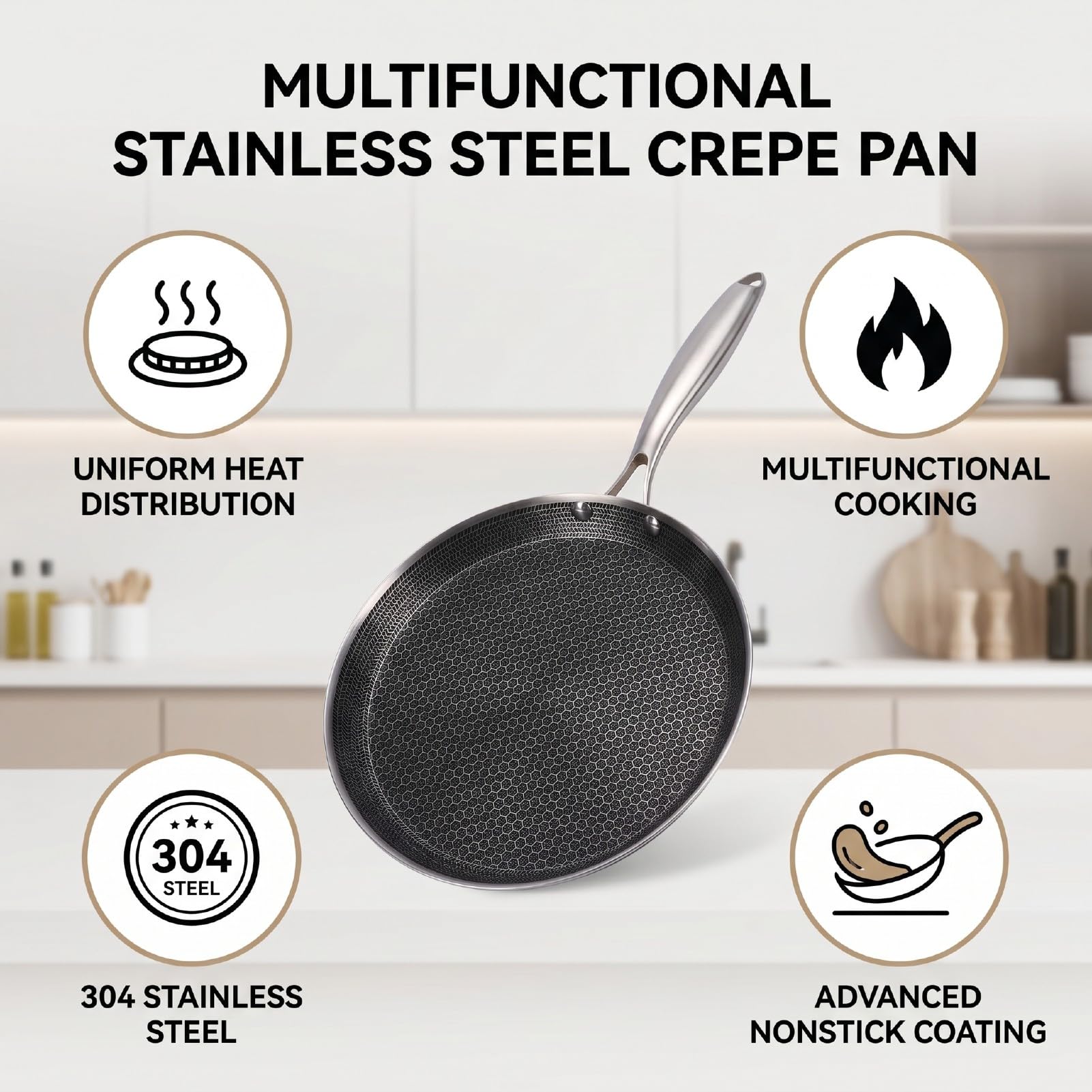 Padella per Crepe in Acciaio Inossidabile, Piastra Rotonda Padella Antiaderente Pancake Padelle Crepe Piatta Tortilla Frittata Piastra per Uova Dosa Tawa Domestica (26CM)